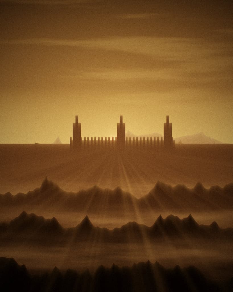 A fort silhouetted against a dusty sky